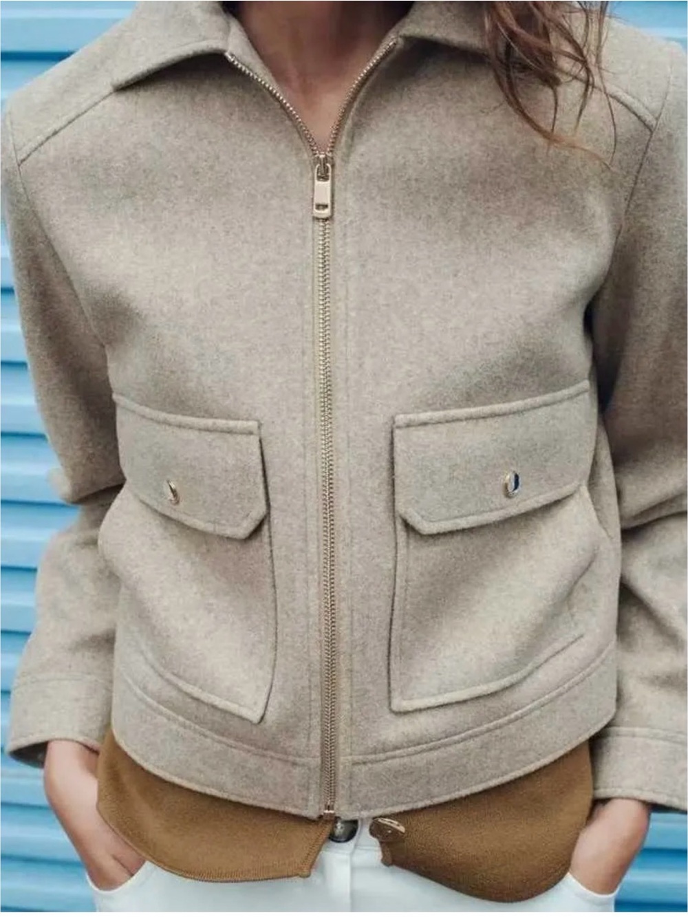 Zara Beige Wool Zip Jacket - Casual Crop Coat size Large - Picture 11 of 12